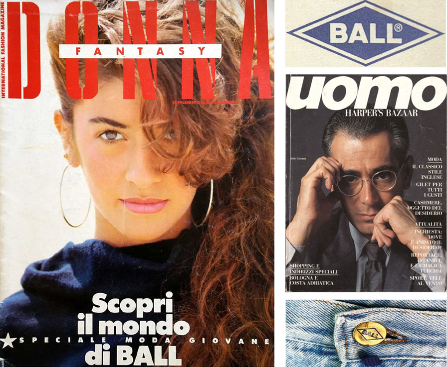 compertine di giornale che ritraggono una modellla su rivista donna, primo piano di Aldo Ciavatta su Harper's Bazaar uomo ed infine il logo Ball. newspaper covers portraying a model on a women's magazine, a close-up of Aldo Ciavatta on a men's Harper's Bazaar and finally the Ball logo.