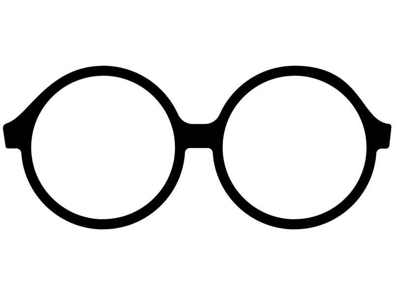 Simbolo degli occhiali: silhouette nera di occhiali vista frontalmente su sfondo bianco, che rappresenta la miopia del Sistema Distributivo della Moda. Glasses symbol: black silhouette of glasses seen from the front on a white background, representing the short-sightedness of the Fashion Distribution System. magazine badii fashion group eng